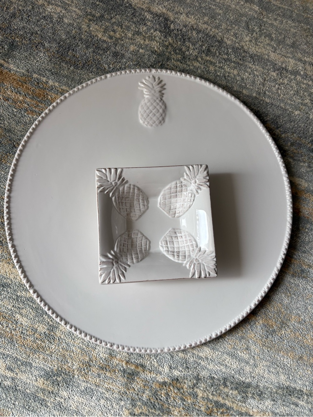 White Pineapple Embossed Ceramic Platter and Dip Bowl